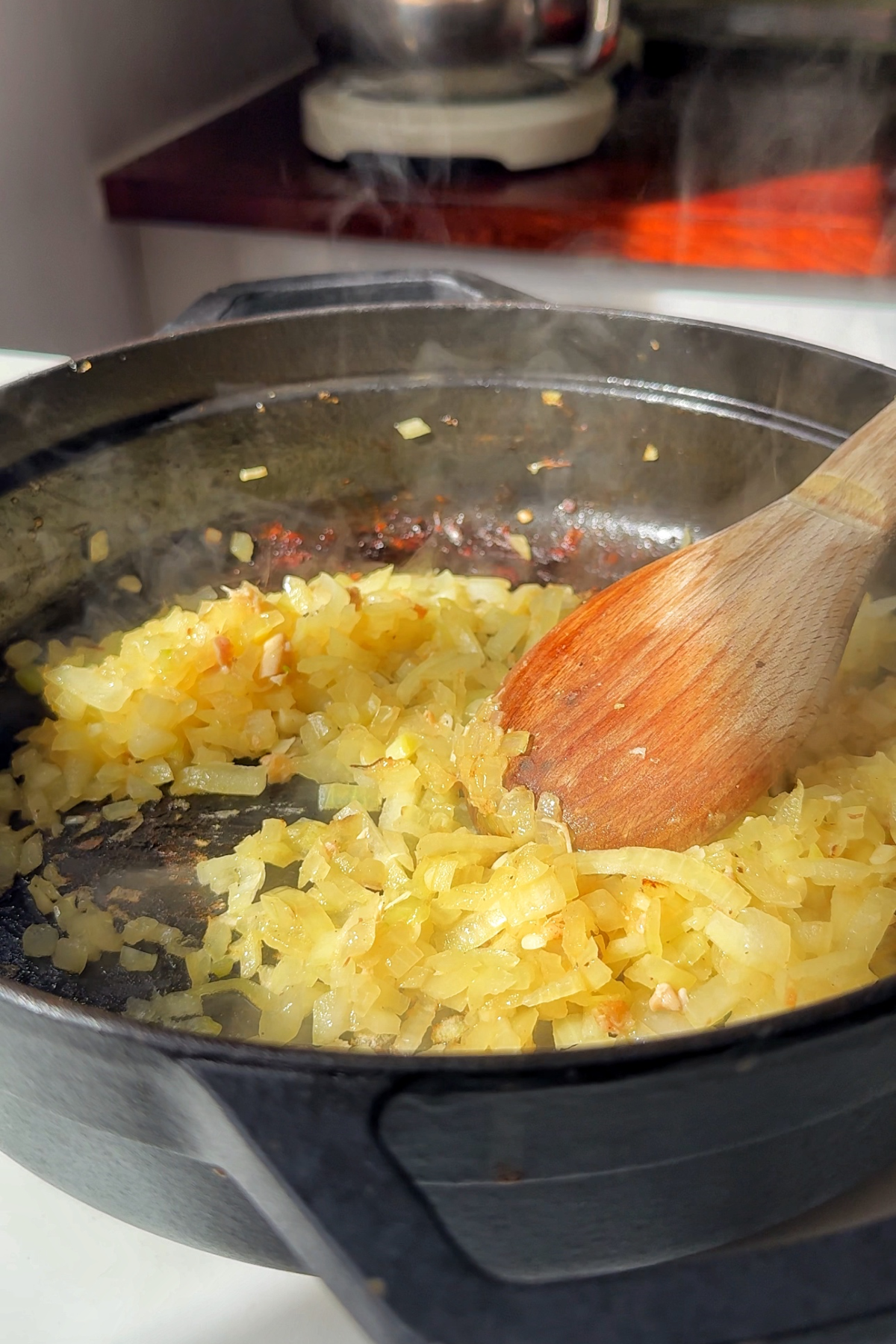 Frying onion and garlic in a pan.