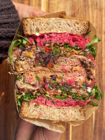 Cross section of lamb sandwich.