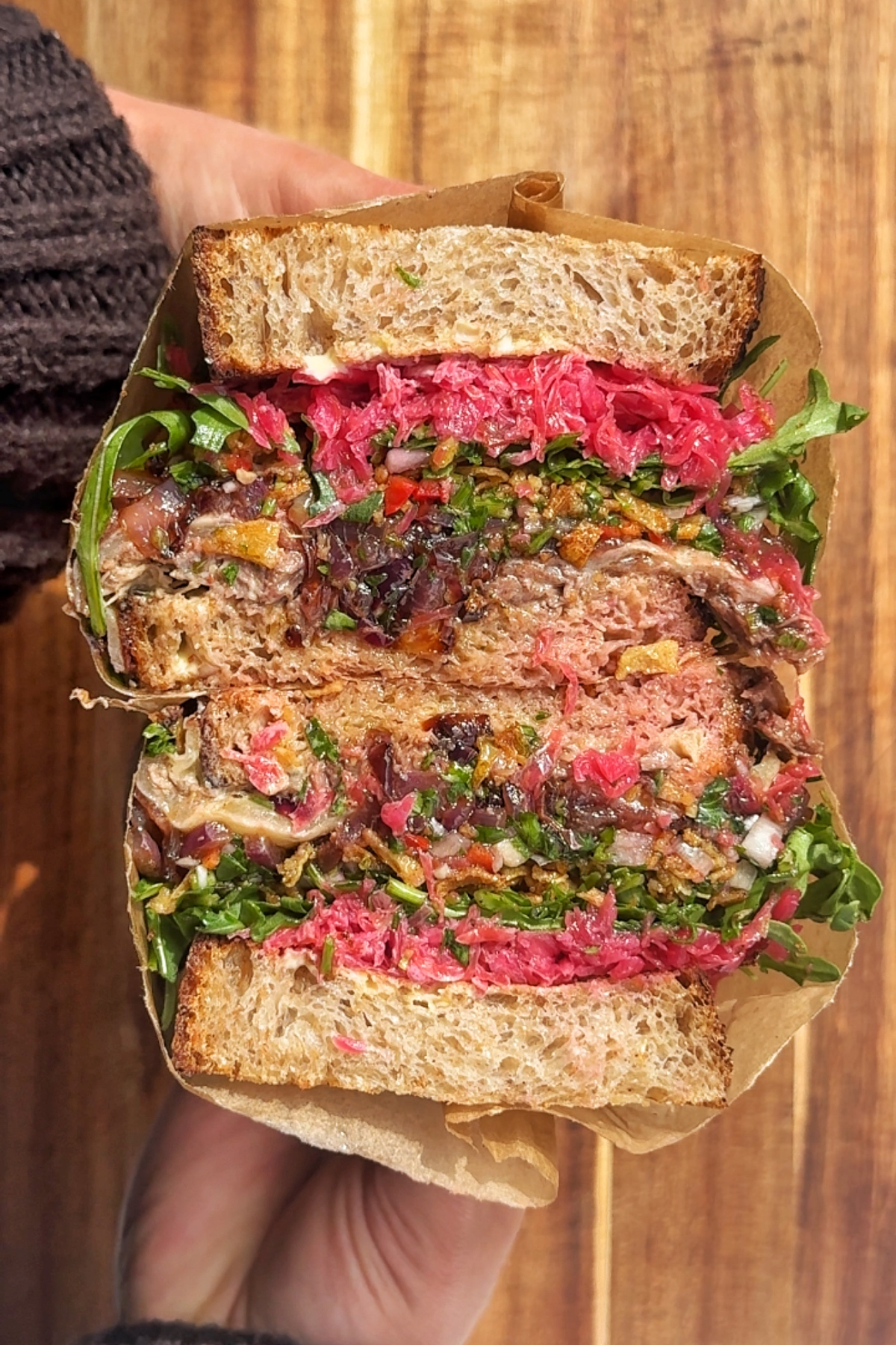 Cross section of lamb sandwich.