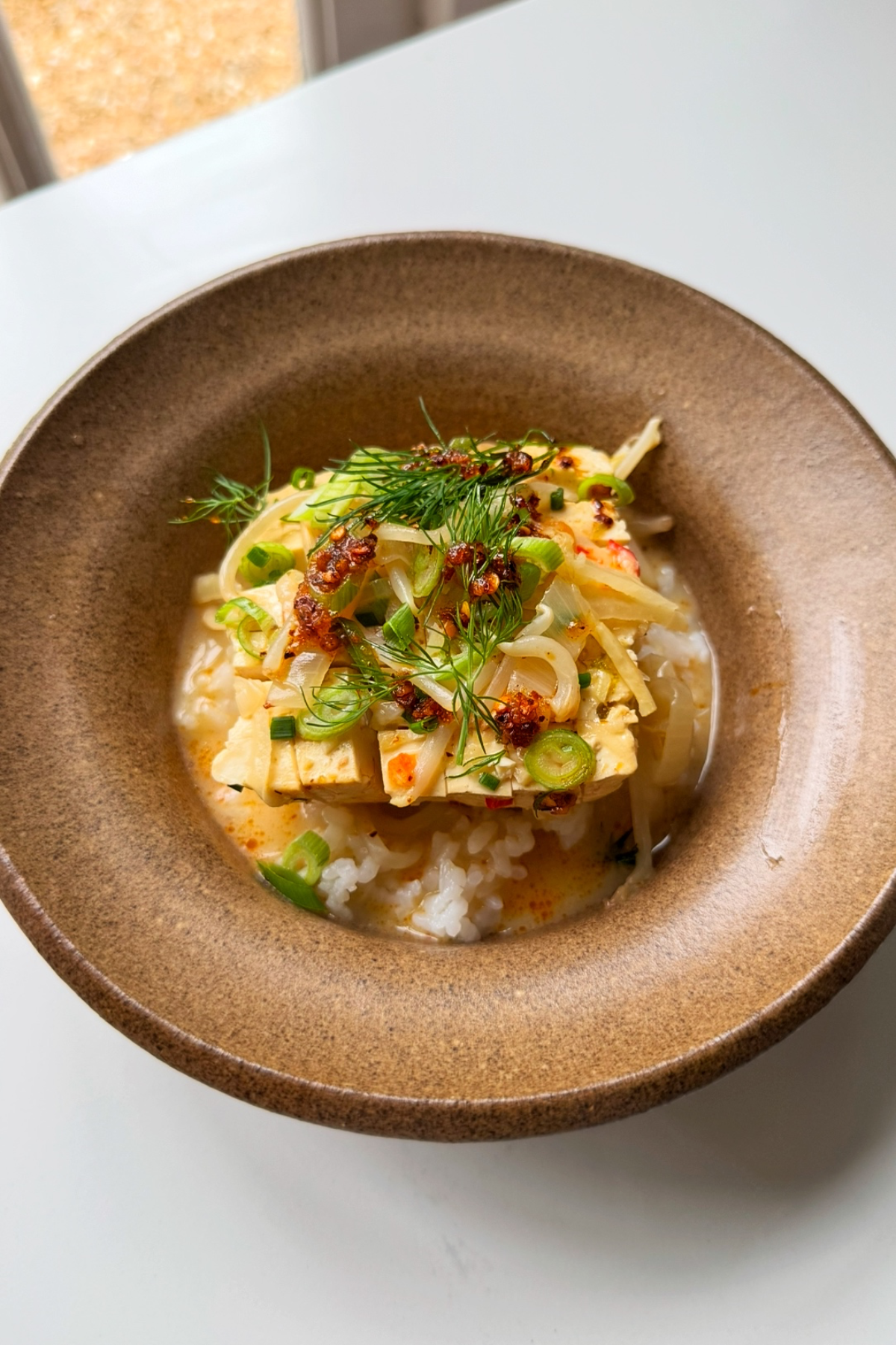 Spicy coconut tofu with jasmine rice.