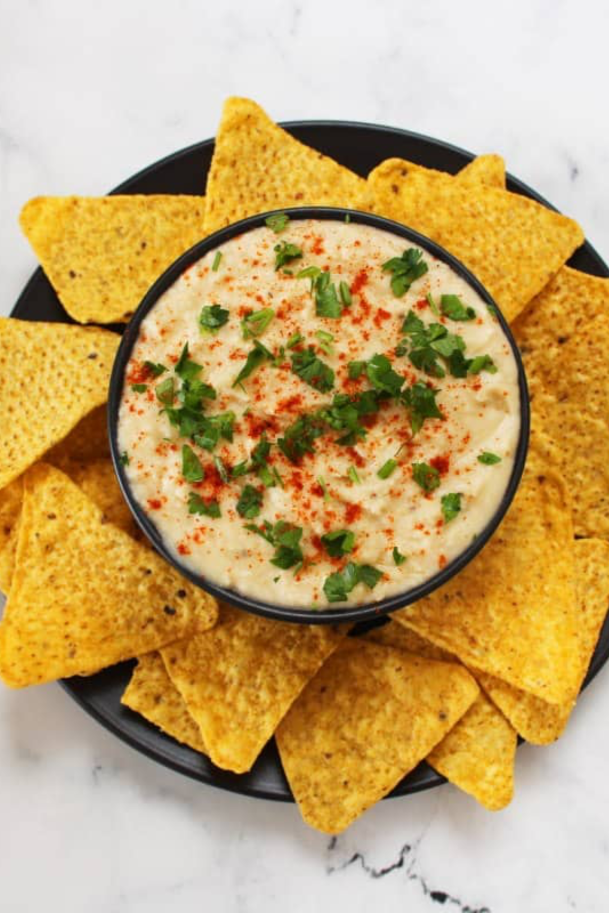 butter bean dip in a bowl with tortilla chips around the outside of the bowl.