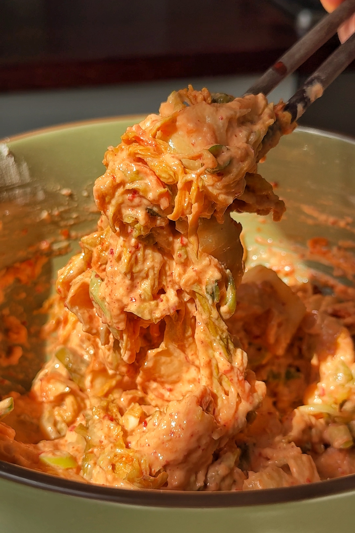 kimchijoen batter in a green bowl.