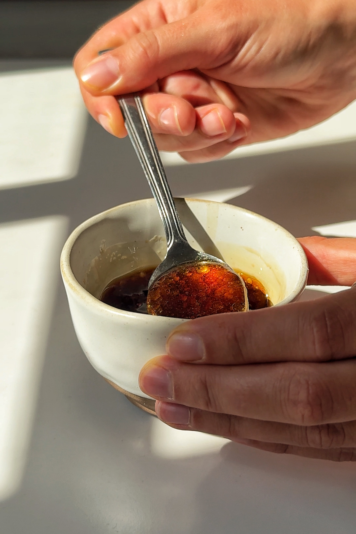 Making the dipping sauce.