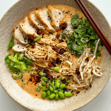 marry me chicken ramen in a bowl with chopsticks.