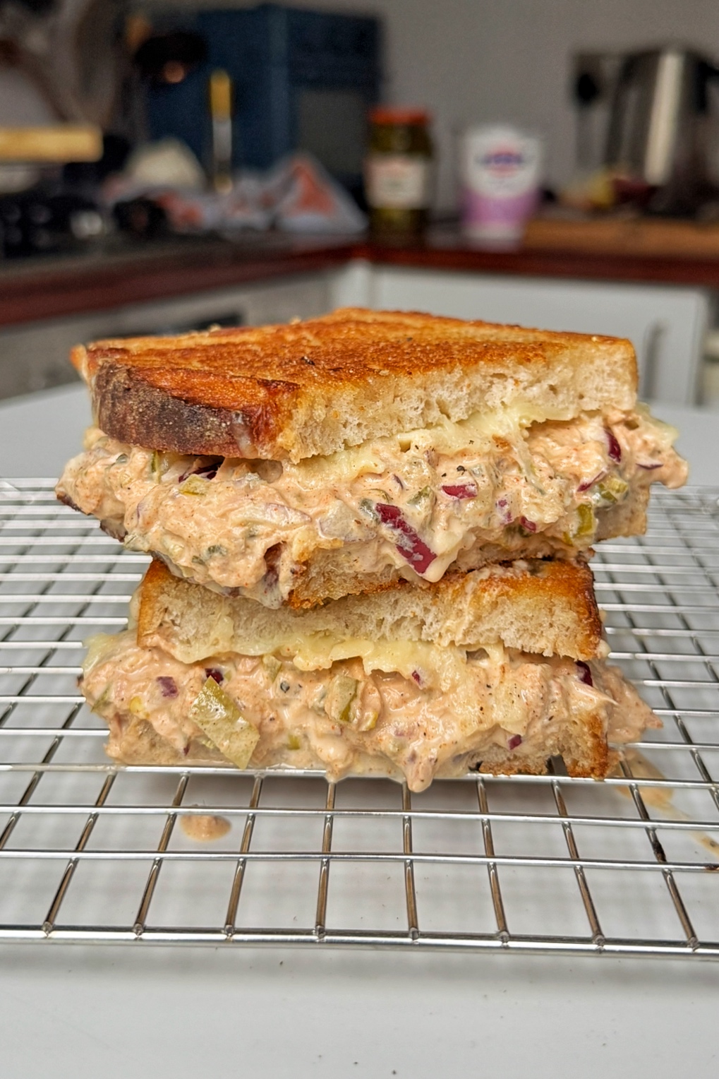quick tuna melt on a rack.
