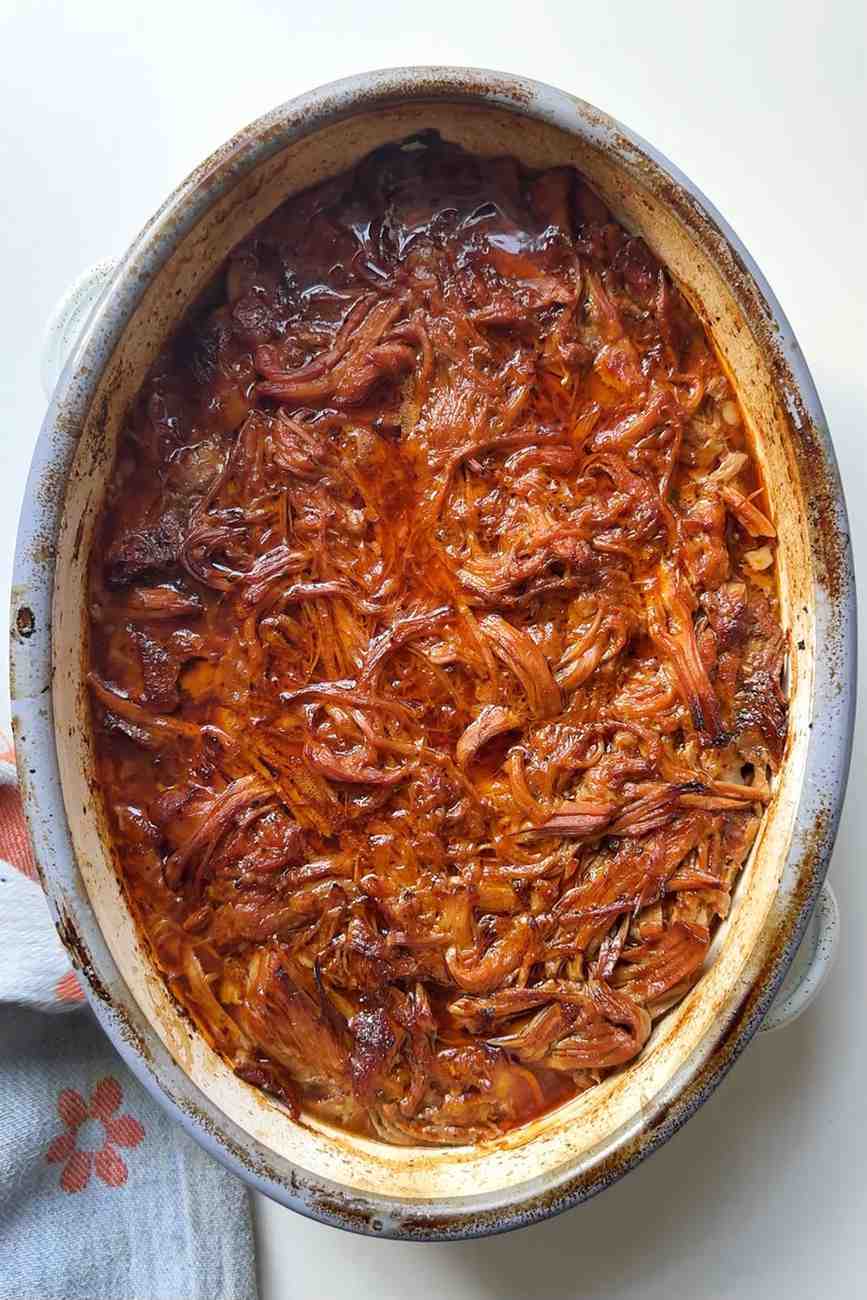casserole dish full of bbq pulled pork.