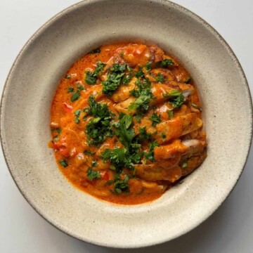 Chicken paprikash with noodles in bowl.