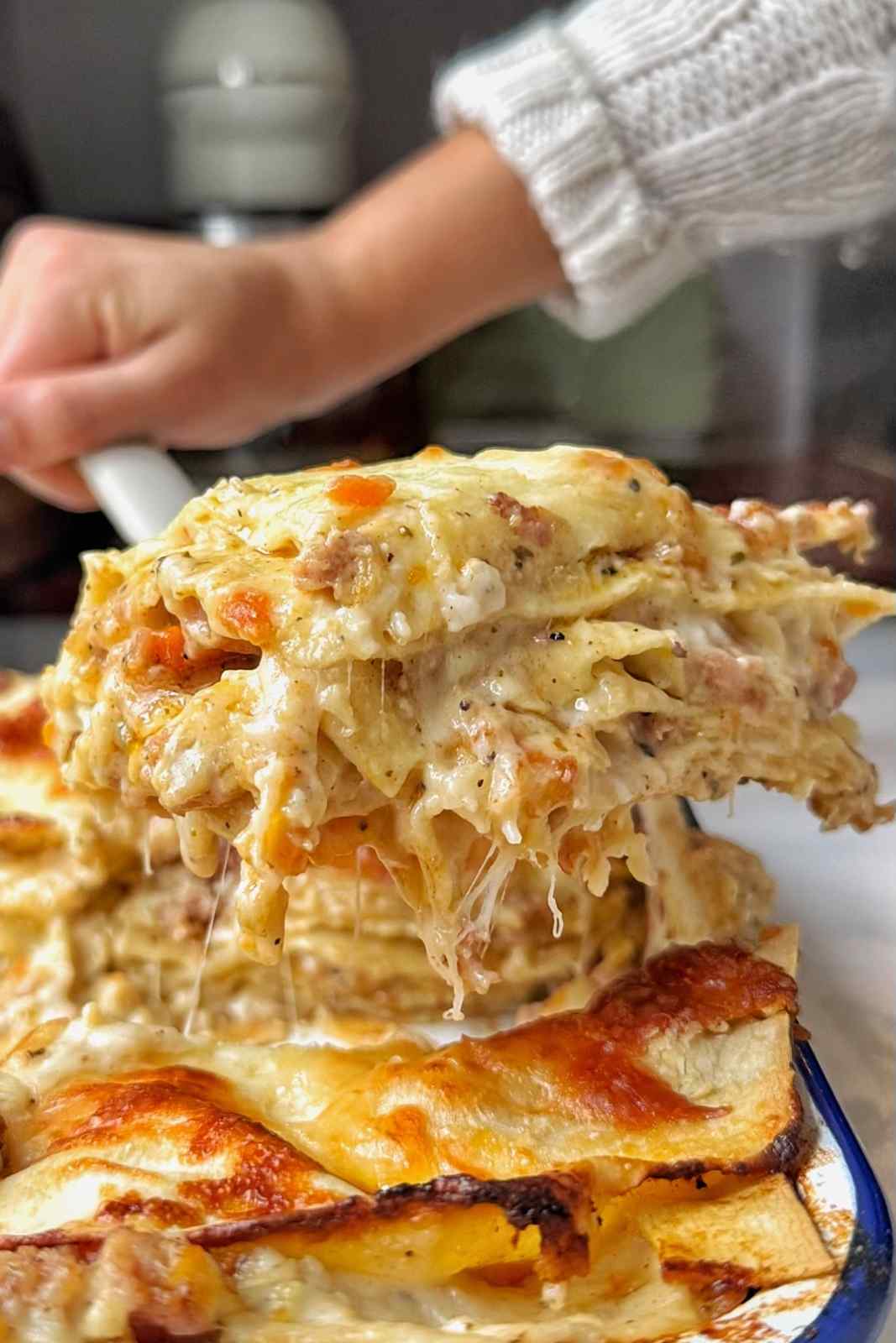 Slice of Christmas lasagna shown to camera.