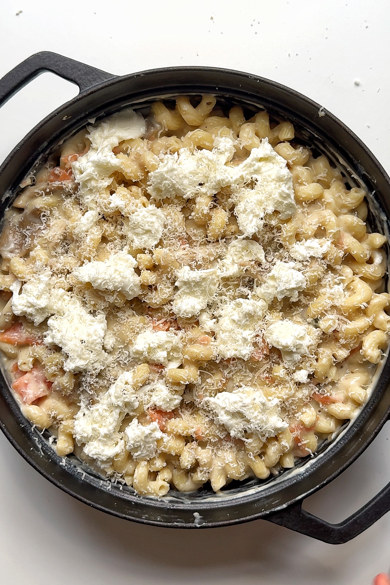 topping the salmon pasta bake with mozzarella cheese.
