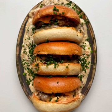 burger with mushrooms sauce.