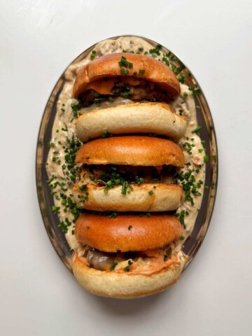 burger with mushrooms sauce.