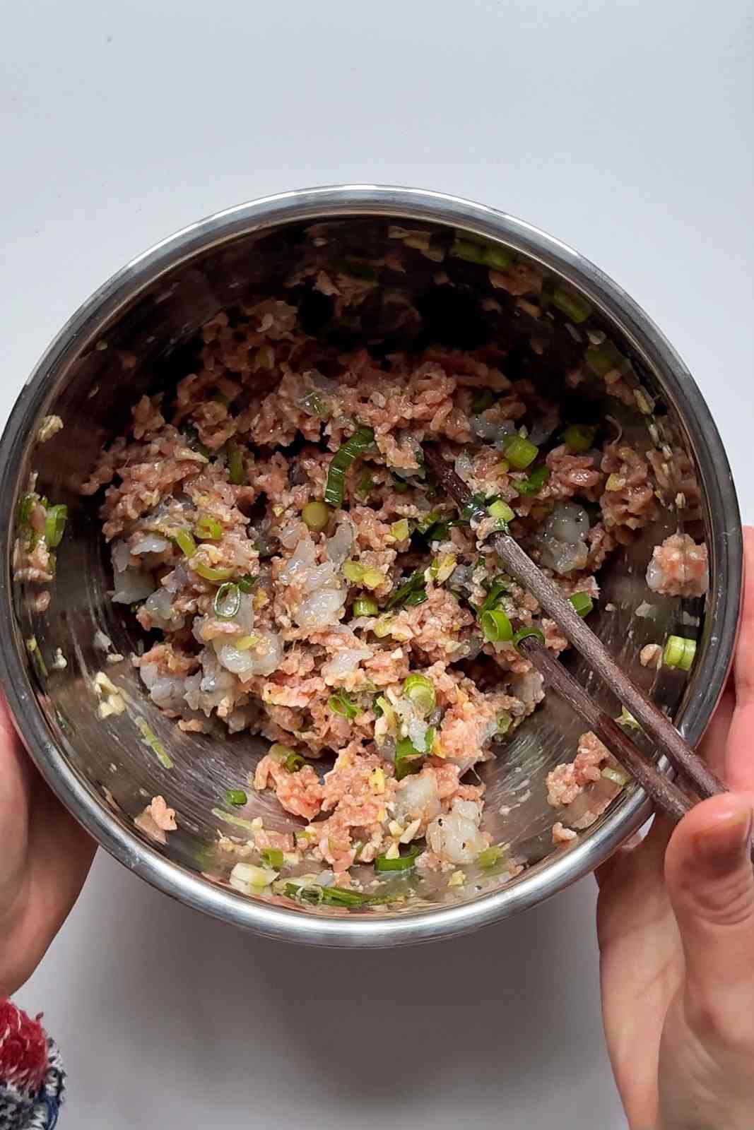 Making the dumpling filling.