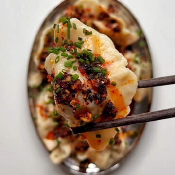 Pork and shrimp dumplings with chilli oil.