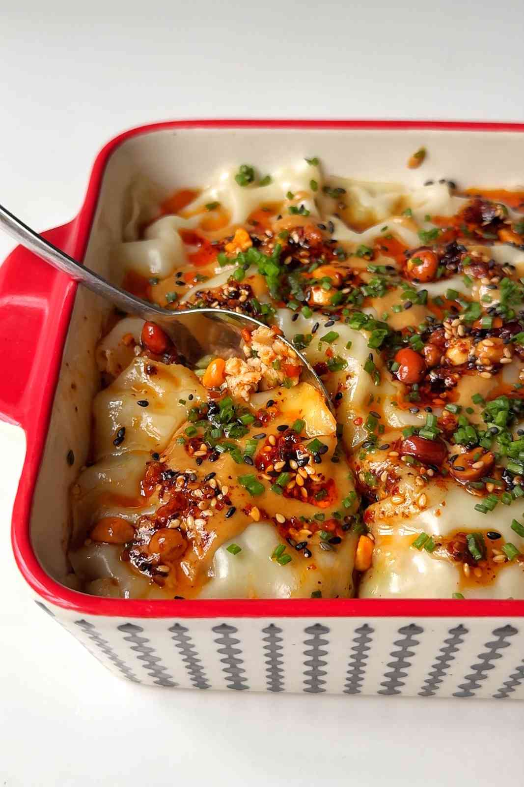 Close up of viral dumpling lasagna.