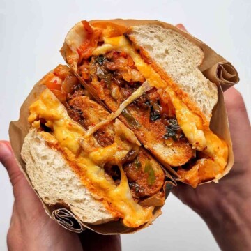 Bulgogi cheesesteak on white background.