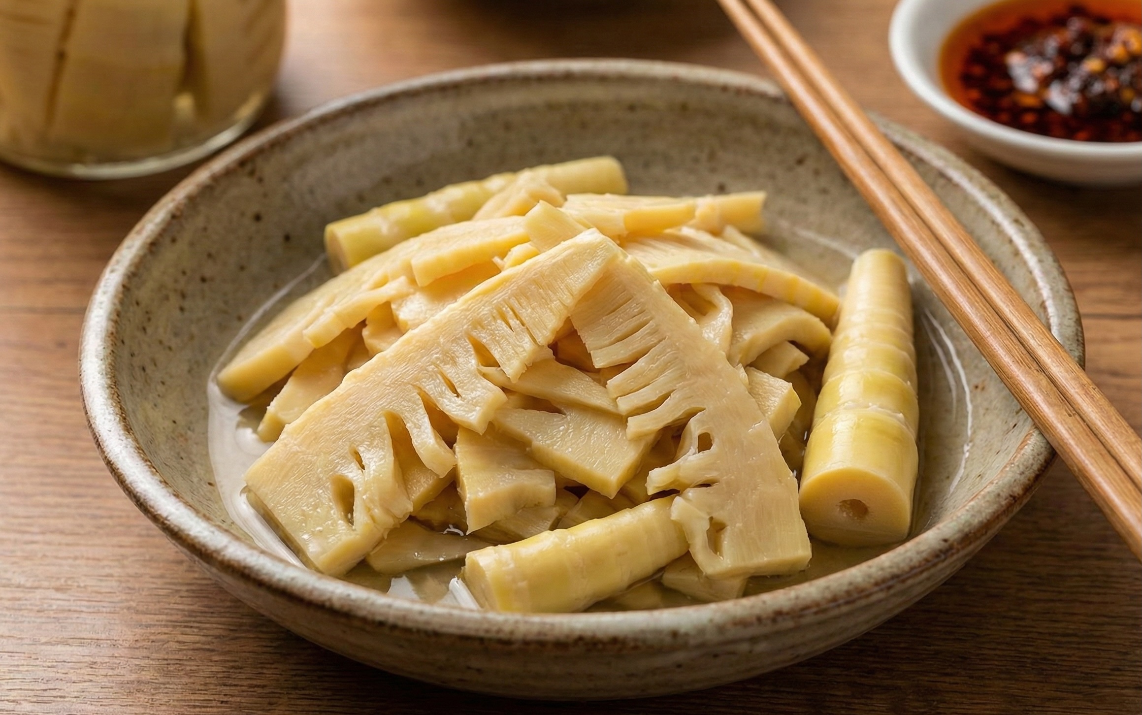 A ceramic bowl filled with sliced Menma (fermented bamboo shoots) with wooden chopsticks resting on the rim and a side of chili oil, used as a traditional crunchy ramen topping.