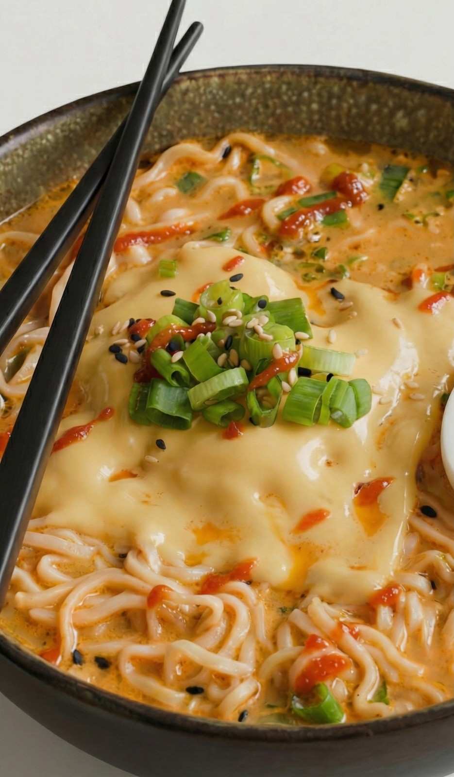 A close-up of a slice of processed American cheese melting perfectly over a bowl of spicy Korean ramen, garnished with fresh green onions and black sesame seeds to demonstrate the "American Cheese & Butter" hack.