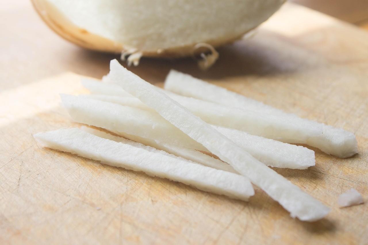 Jicama julienned into matchsticks. A great bean sprout Substitute.