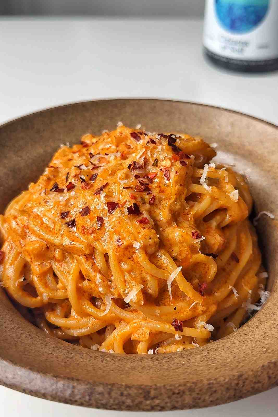 bowl of spicy Boursin spaghetti.
